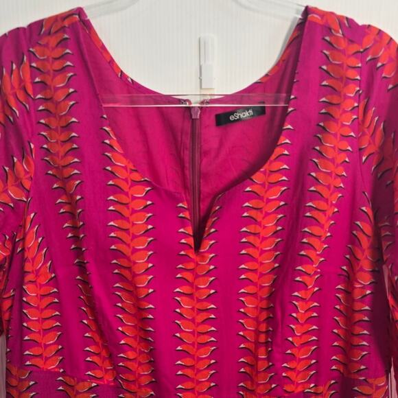 eShakti Pink Orange Leaf Print Cotton Midi Dress Fit & Flare Lined Plus Size - Picture 3 of 7